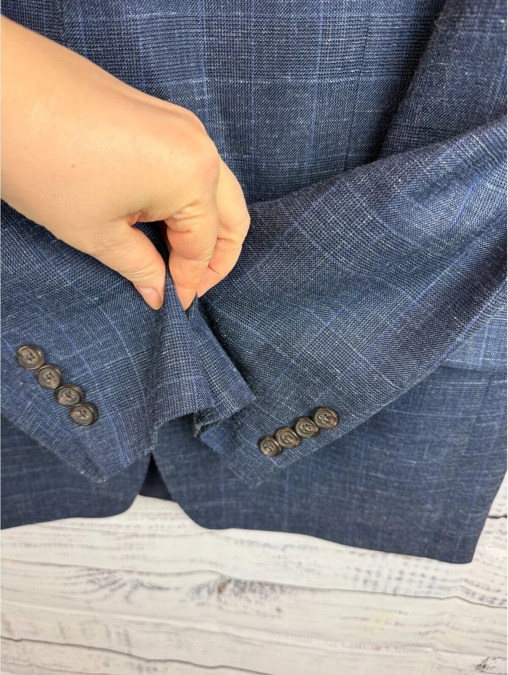 RALPH LAUREN LAUREN blue check wool silk linen mens jacket blazer 44L NWOT
